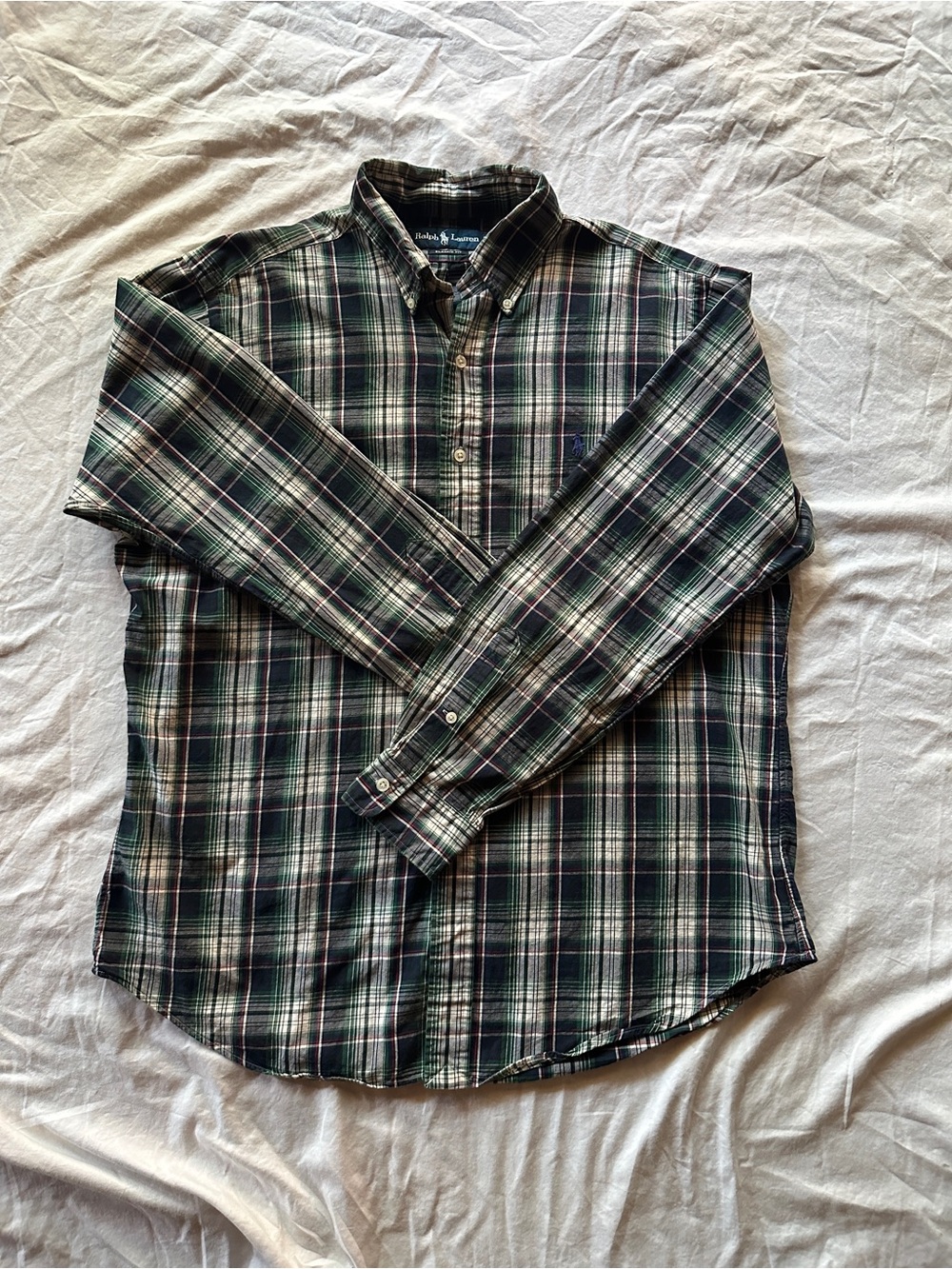 Ralph Lauren Green and Navy Plaid Button-Down Shirt 100% Cotton Classic Fit
